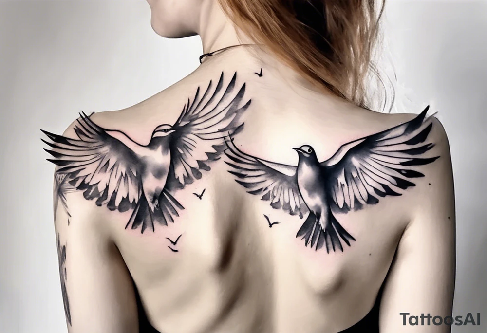 shoulder tattoo with light rays with birds flying free among the clouds, round shape, 3d effect tattoo idea
