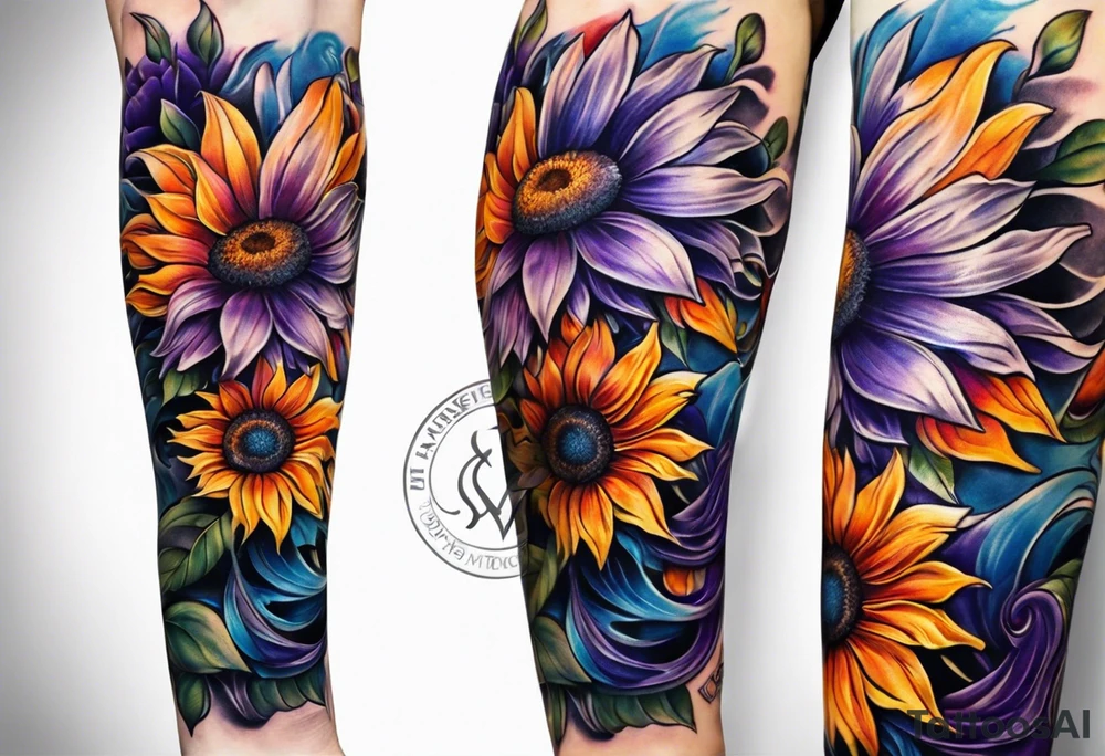 Full arm sleeve with purple, orange and blue sunflowers tattoo idea