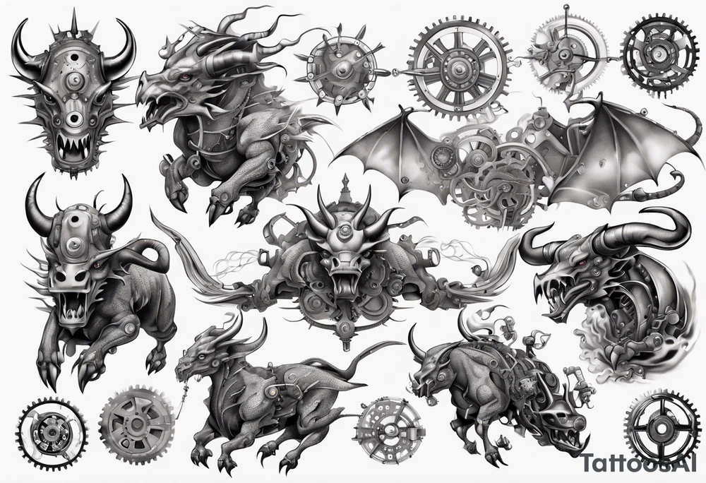 mECHANIZED DRAGON FIGHTING STEAM PUNK BULL tattoo idea