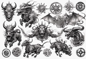 mECHANIZED DRAGON FIGHTING STEAM PUNK BULL tattoo idea