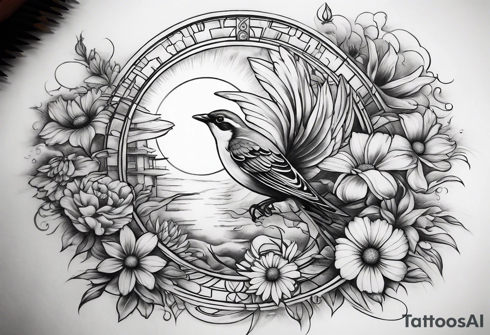 spiritual neck sleeve with a flying sparrow on side of neck with cosmos flower and a daisy flower and an iris flower, with staircase
 leading up to light and sunrays, ohm symbol about consciousness and transcendence tattoo idea