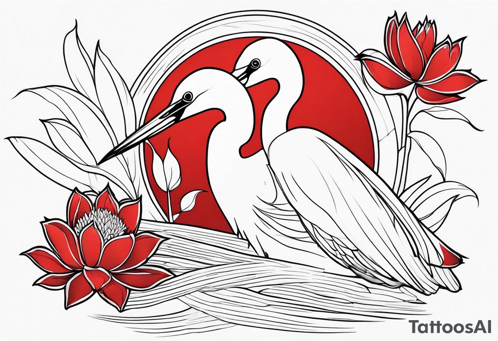 Egret and red lotuses tattoo idea
