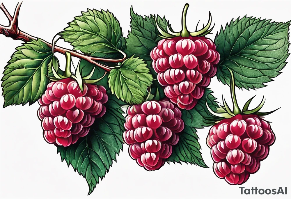a single long raspberry branch with lots of leaves that is hanging upside down tattoo idea
