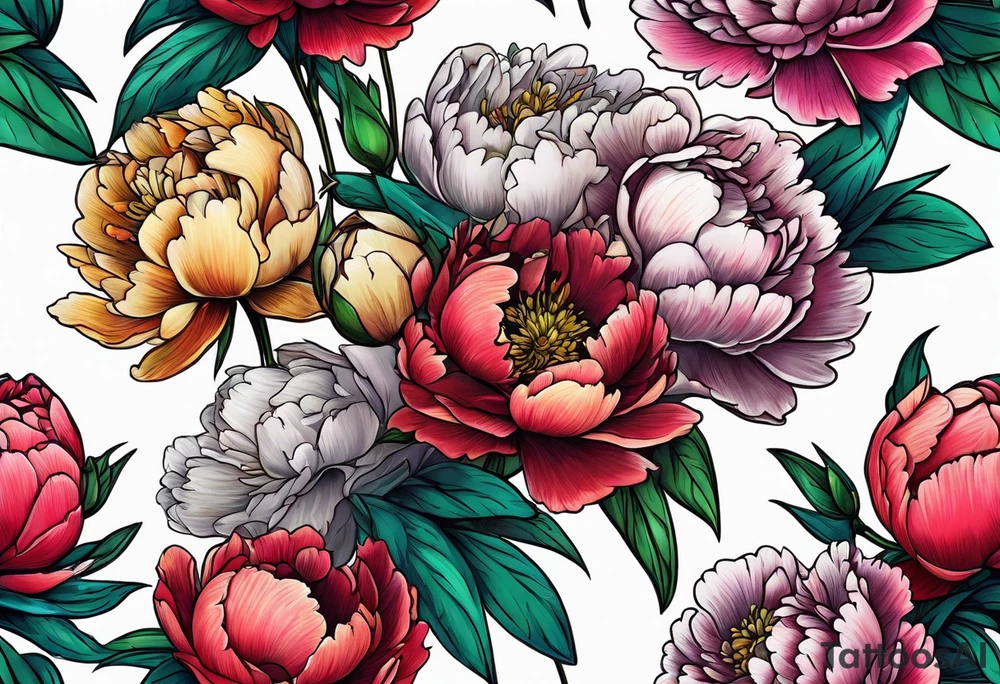 colorful peonies bouquet, neon colored tattoo idea