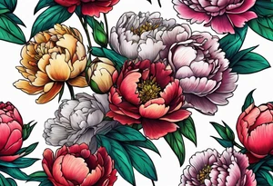 colorful peonies bouquet, neon colored tattoo idea