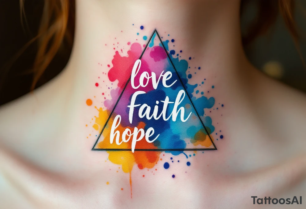 Words love faith hope arranged in a triangle, each corner marked with a watercolor splash—rose red, ocean blue, and golden yellow. tattoo idea