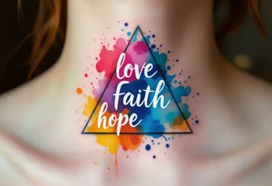 Words love faith hope arranged in a triangle, each corner marked with a watercolor splash—rose red, ocean blue, and golden yellow. tattoo idea