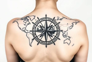 antique compass rose overlaid on weathered world map with sailing ships tattoo idea