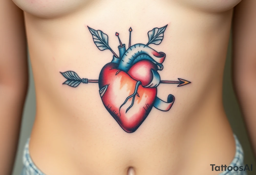 anatomical heart pierced by ornate arrow with flowing ribbons tattoo idea