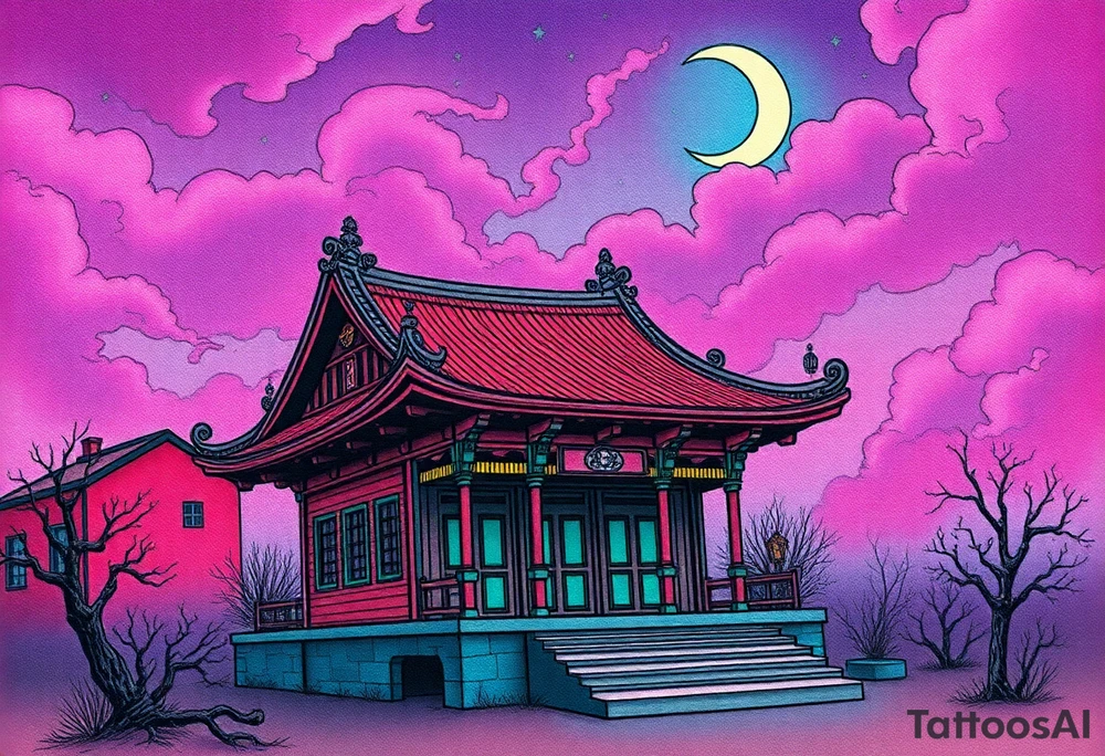 Tim Burton’s haunted pastel Tokyo shrine is abandoned and dripping with muted reds, dusty pinks, and eerie green glow.purple and cyan smokey clouds swirl in the crescent moonlit sky thats sprinkled with stars tattoo idea tattoo idea