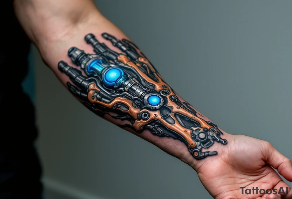 A mechanical part of forearm revealing graphite-colored artificial tendons under realistic shaded skin, accented with electric-blue joints. tattoo idea