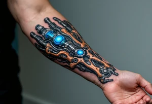 A mechanical part of forearm revealing graphite-colored artificial tendons under realistic shaded skin, accented with electric-blue joints. tattoo idea
