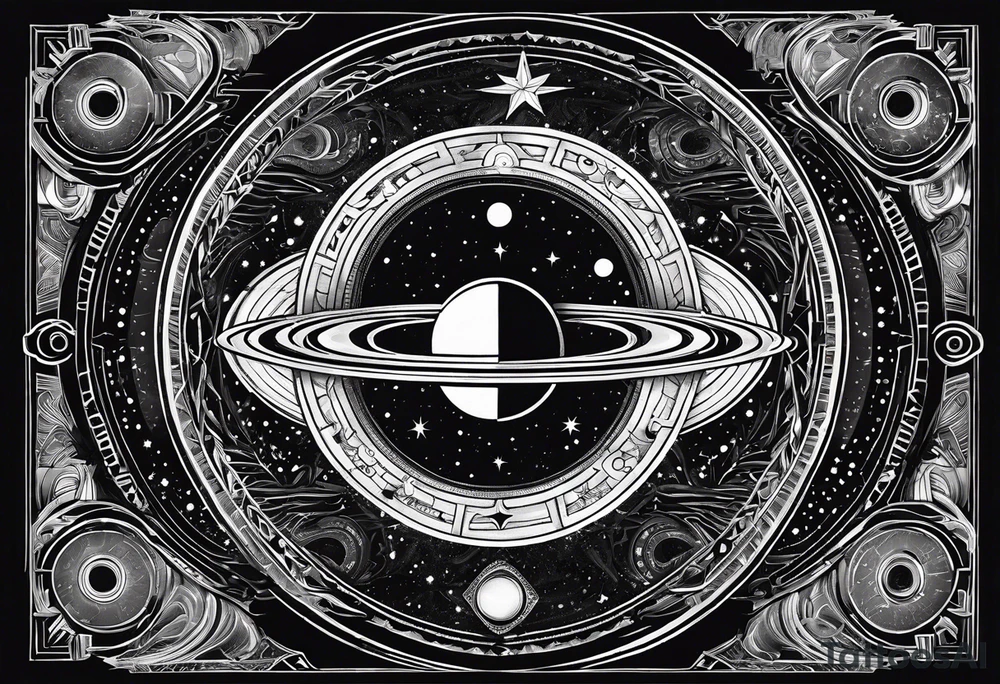 A tattoo with Saturn at the center surrounded by intricate linguistic symbols, reflecting the client's interests in cosmology and linguistics. tattoo idea