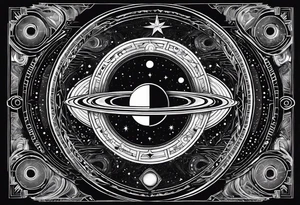 A tattoo with Saturn at the center surrounded by intricate linguistic symbols, reflecting the client's interests in cosmology and linguistics. tattoo idea