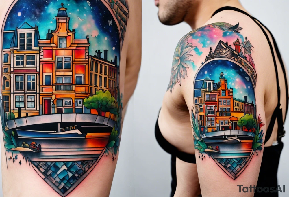 Tattoo of animals made from glass in Amsterdam featuring Amsterdam buildings and canal in galaxy colours featuring pineapples and birds tattoo idea