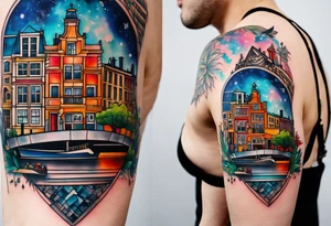 Tattoo of animals made from glass in Amsterdam featuring Amsterdam buildings and canal in galaxy colours featuring pineapples and birds tattoo idea
