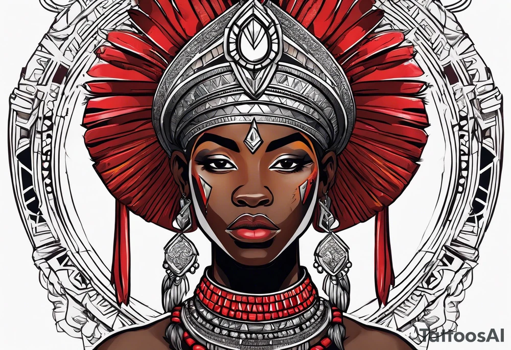 african warrior with a small silver crown and a red necklace tattoo idea