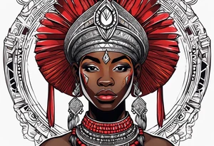 african warrior with a small silver crown and a red necklace tattoo idea