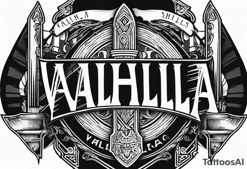 Valhalla sword shield axe 
stairs fog tattoo idea