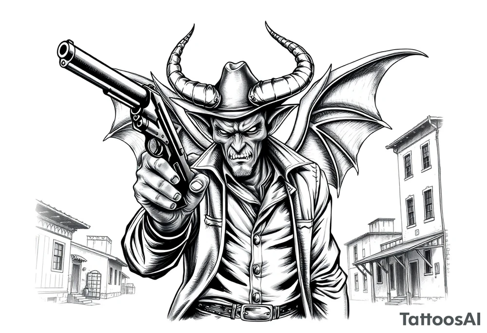 a demon in cowboy-clothing,a gun in a hand,old buildings in the background. tattoo idea