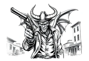 a demon in cowboy-clothing,a gun in a hand,old buildings in the background. tattoo idea