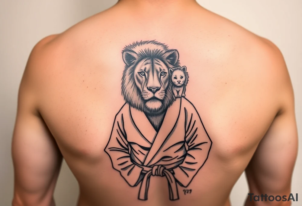 Lion in the Serengeti wearing a Brazilian jiu jitsu gi as a person would along side his two sons tattoo idea