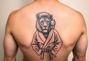 Lion in the Serengeti wearing a Brazilian jiu jitsu gi as a person would along side his two sons tattoo idea