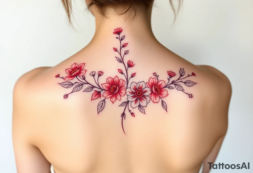 Floral red ink spine tattoo tattoo idea