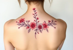 Floral red ink spine tattoo tattoo idea