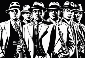 group of gangsters standing together including Al Capone, John Dillinger, Machine Gun Kelley, Bonnie and Clyde along with tommy guns, gatling gun and sawed off shot guns with bullets flying tattoo idea