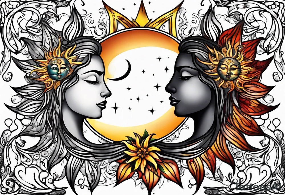 Twin flame with sun and moon tattoo idea