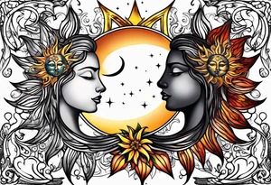 Twin flame with sun and moon tattoo idea