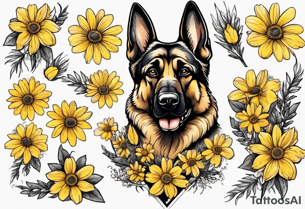 German shepherd portrait surrounded by yellow daisies tattoo idea
