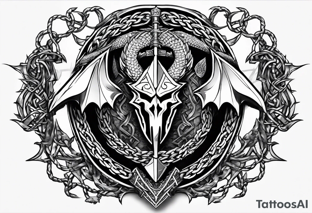 Valhalla sword shield dragon axe Valknut barbed wire chains tattoo idea