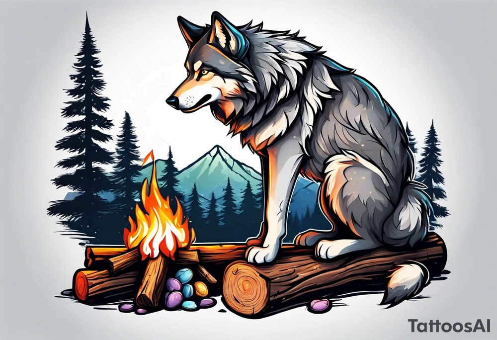 wolf at camp sitting on the log holding stick with marshmallows roasting over the campfire in the Forest tattoo idea