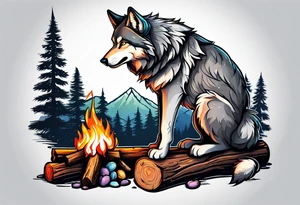 wolf at camp sitting on the log holding stick with marshmallows roasting over the campfire in the Forest tattoo idea