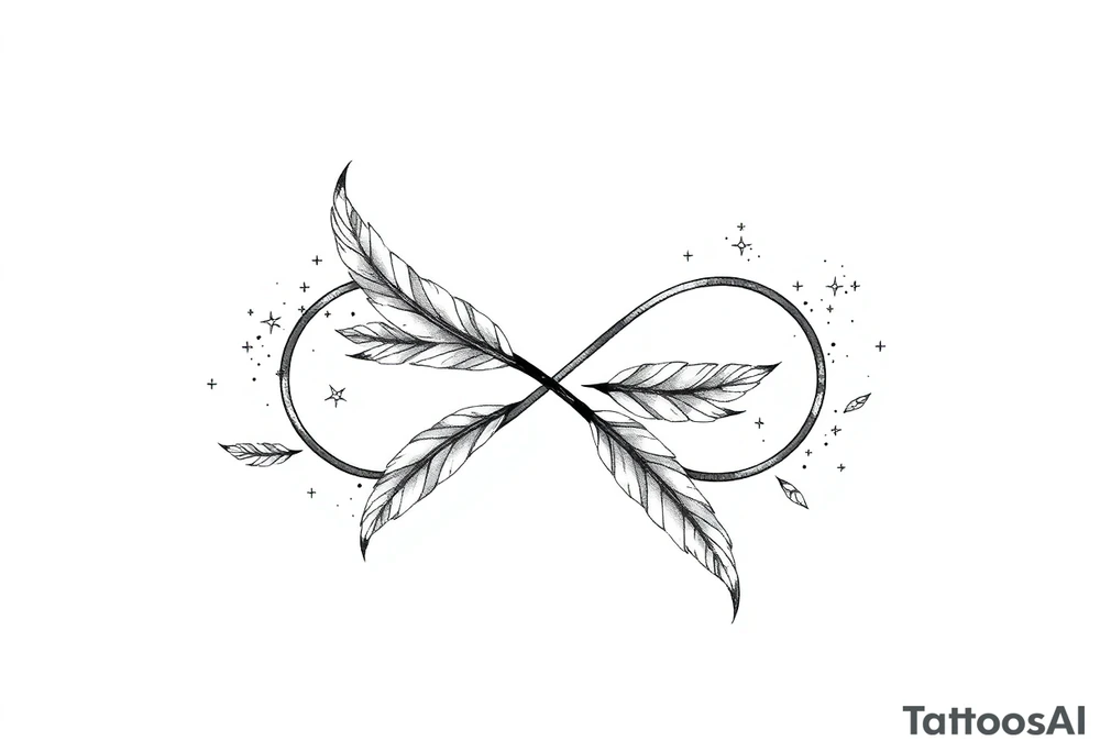 infinity symbol woven with floating feathers and stardust tattoo idea