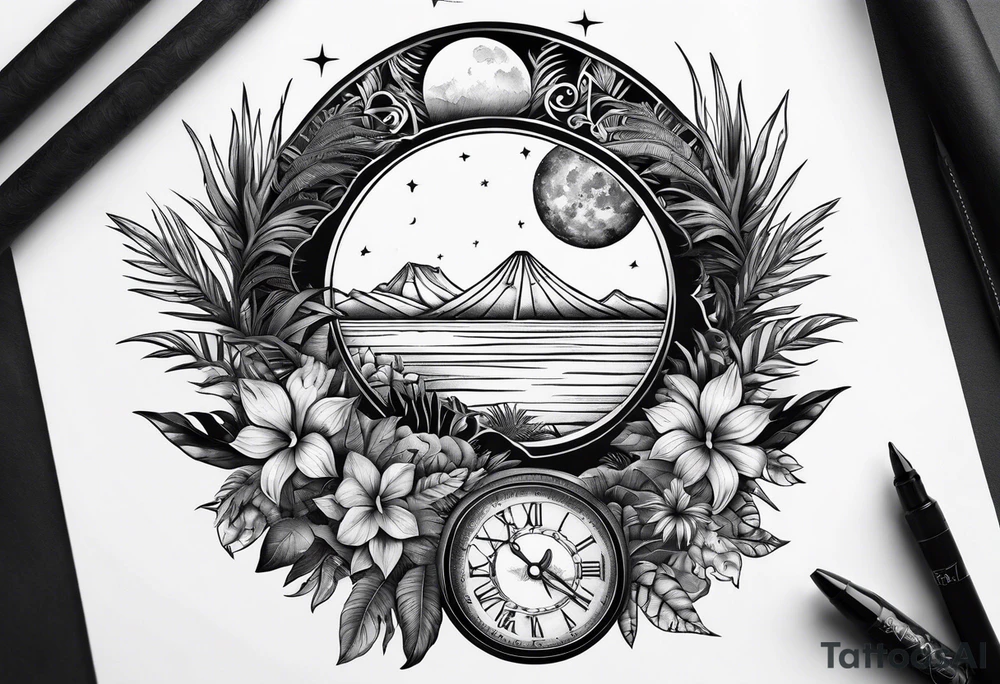 sleeve tattoo with jungle plants and Vegvisir, moon and beach tattoo idea