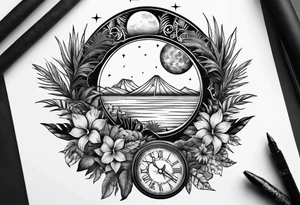 sleeve tattoo with jungle plants and Vegvisir, moon and beach tattoo idea