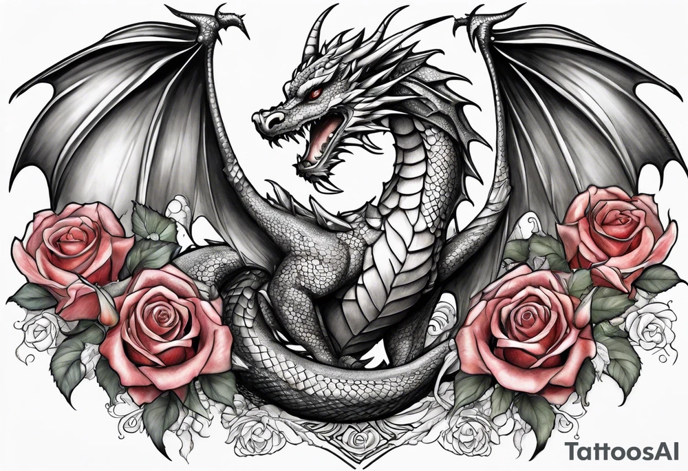 Mother dragon with wings spread with smaller dragons on each side of the mother dragon and roses tattoo idea