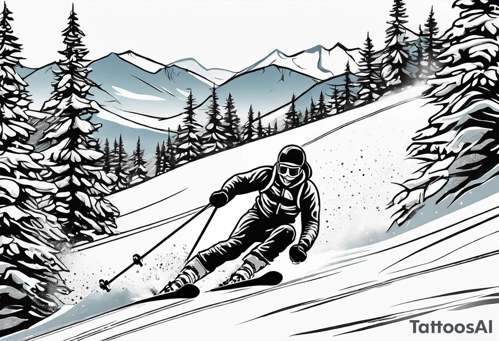 simple drawing of a 
tattoo of a snow skier skiing through trees showing ski trail tattoo idea
