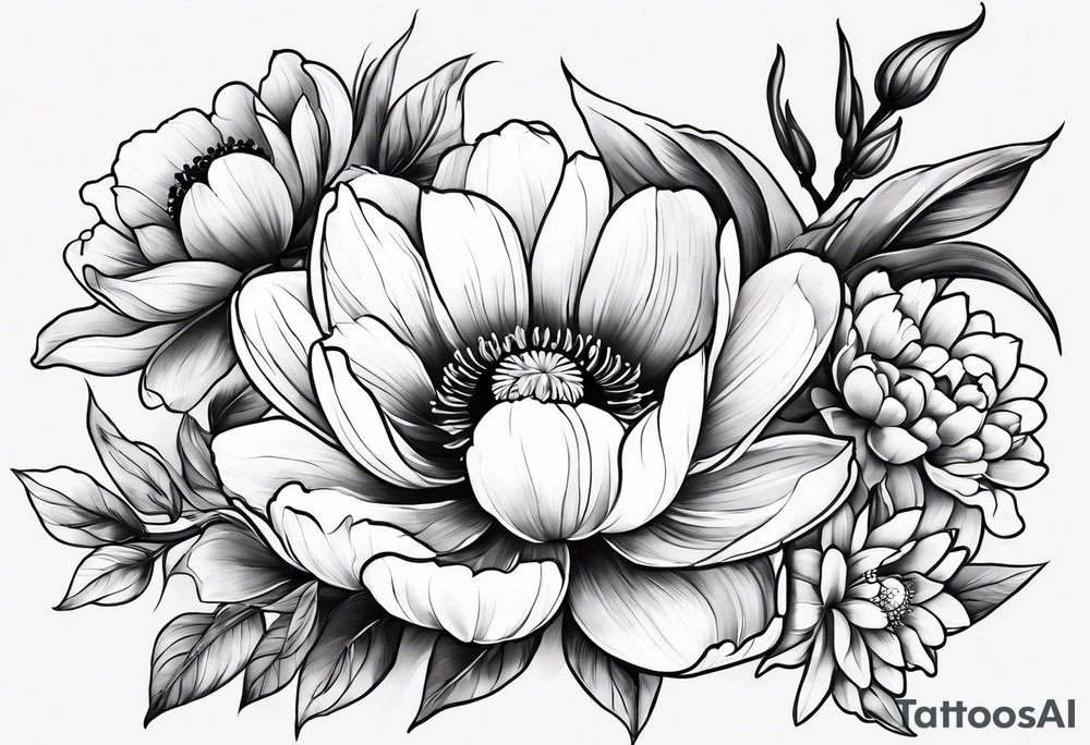 cherry blossom, peony, sunflower, tulip, lily tattoo idea