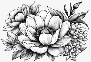 cherry blossom, peony, sunflower, tulip, lily tattoo idea