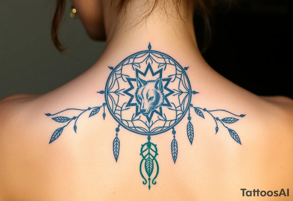Dreamcatcher with zodiac symbols and protection runes caught in it with wolf teal tattoo idea