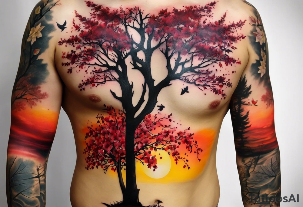 trash polka style. Arm tattoo. chest tattoo. Long tattoo. large tattoo. Full sleeve. Shoulder. A single large maple tree with red autumn leaves that branches upwards from wrist to shoulder. White-throated dipper bird on the trees branches. Calluna flowers at the base of the trees stem. Red/yellow sunset behind the trees stem. Leaves falling. tattoo idea