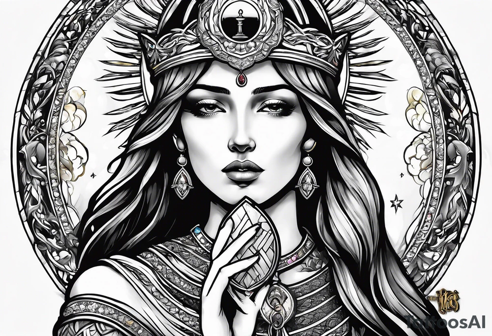 holy saint woman turned away with golden halo holding a chalice tattoo idea