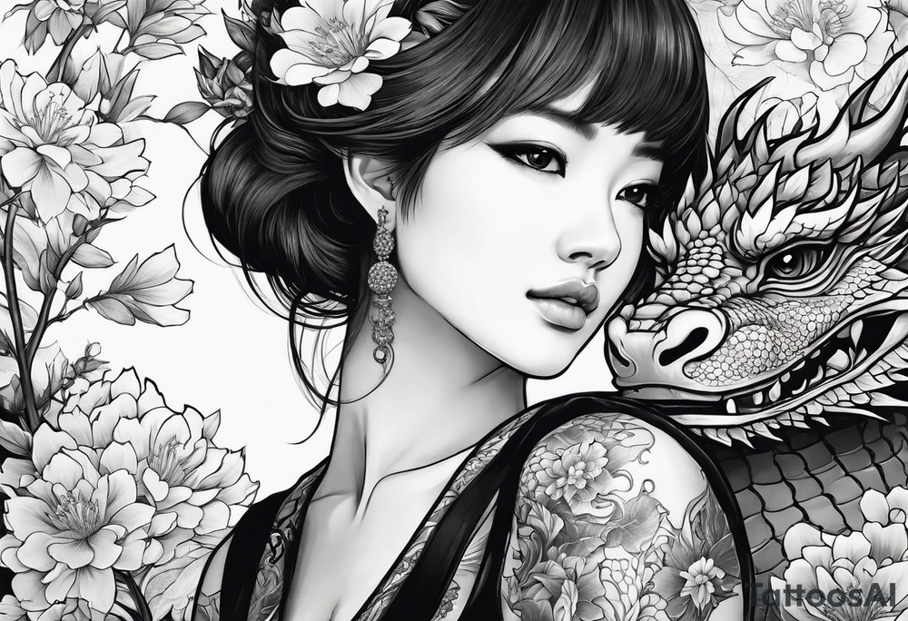 a profile of a girl sitting on flowers on her sideway, surrounded by asian dragon tattoo idea