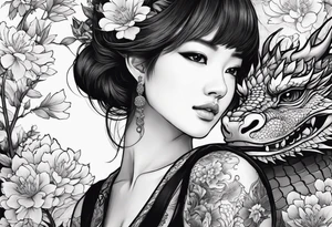 a profile of a girl sitting on flowers on her sideway, surrounded by asian dragon tattoo idea