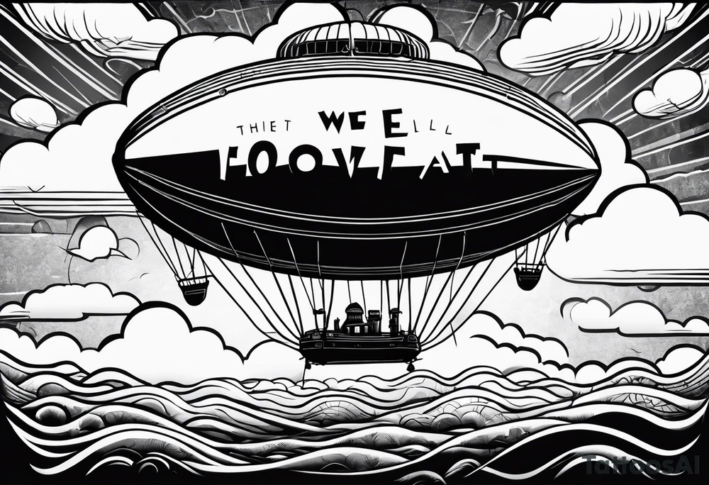 blimp that say "We All Float" going across it with penny wise the clown off in the distance tattoo idea