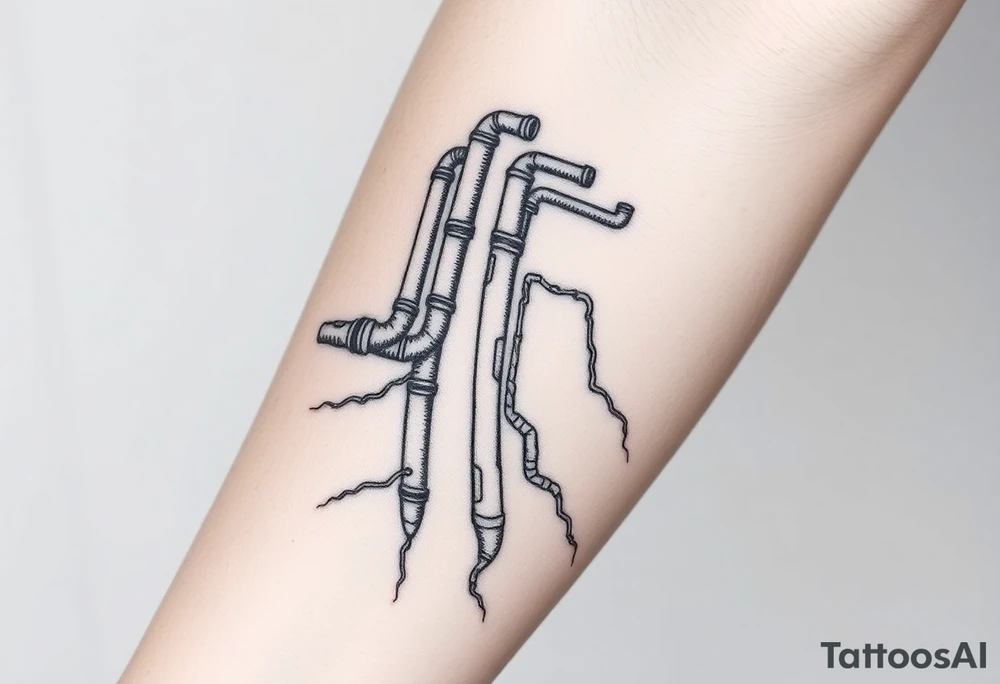 wide vertical System of pipes that transitions and transforms outwards of sides and end into thick, widespread 
veins of forearm tattoo idea